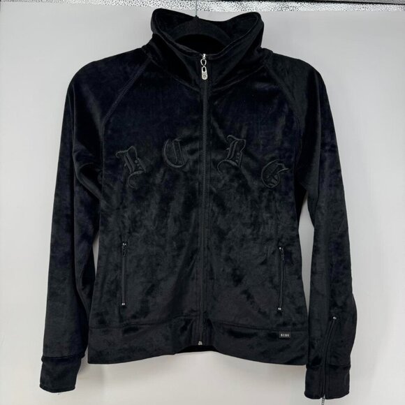 BCBGMaxAzria Tops - BCBG Y2K Max Azria Women’s Velour Zip Jacket S Black Gothic Embroidered Logo